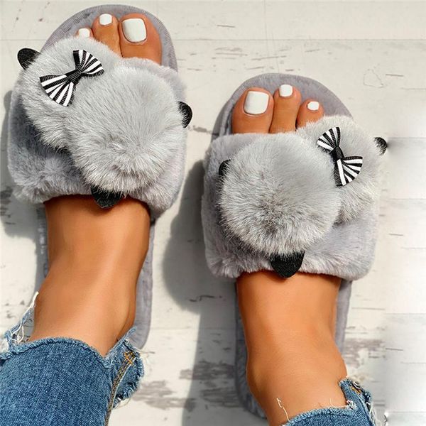 

2020 female snow winter casual house slippers non-slip flat open toe shoes women's home slipper bow-knot flock shoes, Black