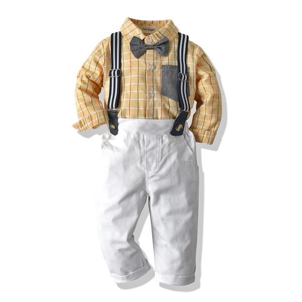 

autumn and winter new children's clothing boys long-sleeved plaid shirt + trousers + suspenders baby gentleman holiday clothing 2 sets, White