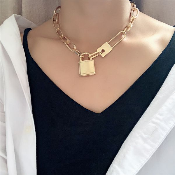 

золото серебро цвет padlock ожерелье металла многослойное колье колье цепи для женщин панк хип-хоп ювелирных mujer colar, Silver