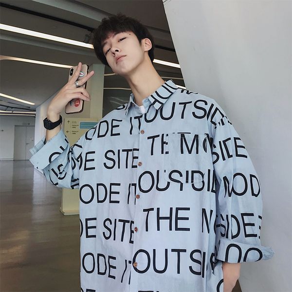 

spring new shirt men fashion letter printing trend wild casual shirt man streetwear loose long-sleeved male clothes, White;black