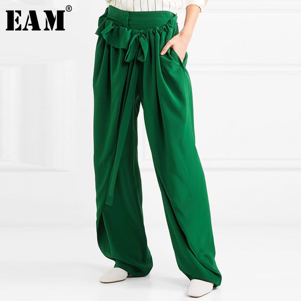 

eam] 2019 new autumn winter high elastic waist black ruffles split joint loose wide leg pants women trousers fashion tide jw823, Black;white