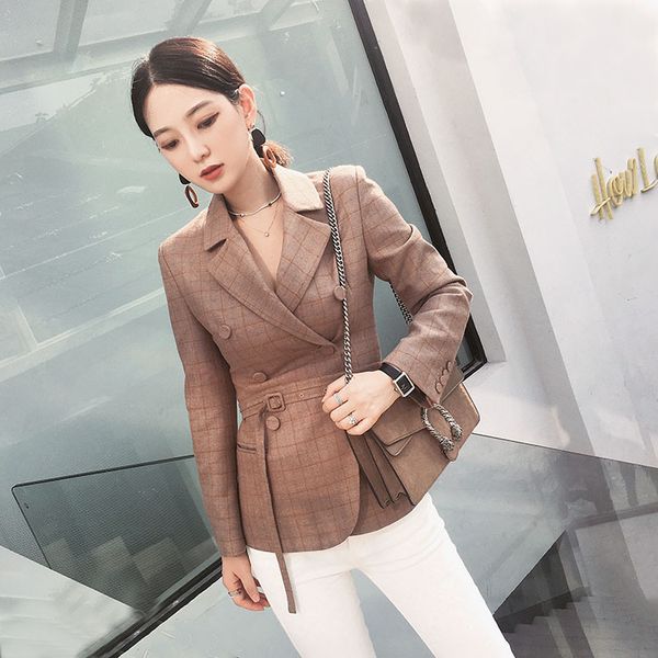 

2019 slim blazer full sleeves vintage button notched collar plaid double breasted short spring women's clothing, White;black