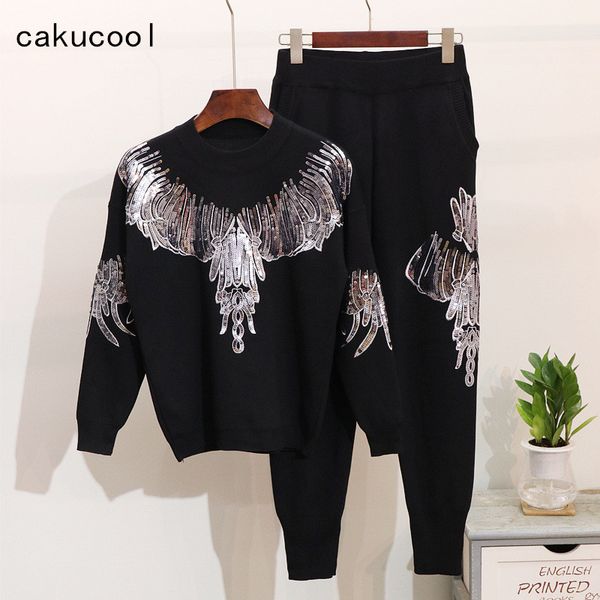 

cakucool new knitting clothing sets women winter silver wings sequined slim jumpers trousers winter vogue tracksuits sets femme, White