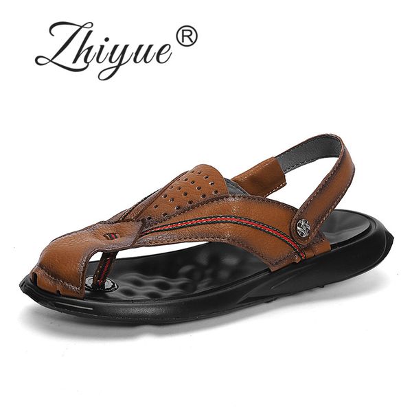 

zhi yue flip flops summer mens sandals handmade leather beach sandals men casual shoes outdoor comfortable men slippers khaki, Black