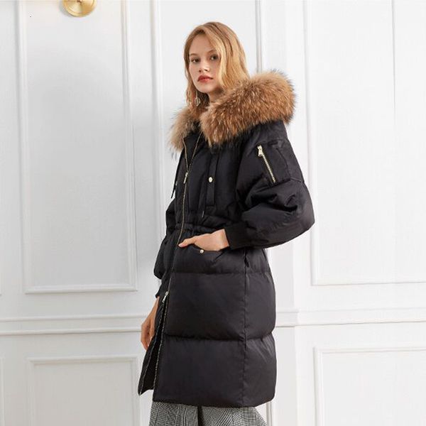 

real natural raccoon fur 2020 long parkas womens winter jacket women white duck down jacket thick warm coat outwear parkas, Black