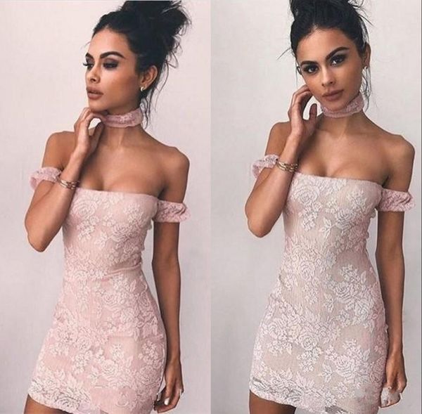 

2019 Sexy Sheath Elegant Off Shoulder Short Prom Dresses with Choker Applique Mini Short Party Gowns Custom Made