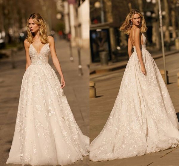 

New Design 2020 Berta Wedding Dresses Lace Applique A Line Spaghetti Straps Backless Bridal Gowns Custom Made Vestidos De Novia