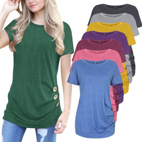 

summer candy color women t shirt with button decoration short sleeves crew neck clothing s-2xl, White