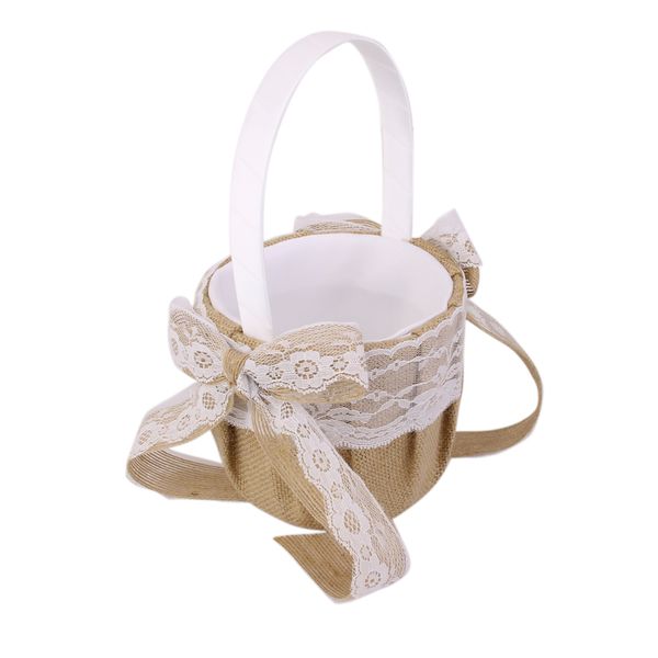 

hessian wedding flower girl basket lace bowknot decor