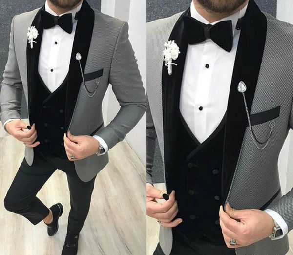 2020 Hübsche Herrenanzüge Dreiteiliger Tweed-Anzug Fischgrätenmuster mit Schalkragen Maßgeschneiderte Bräutigam-Smoking-Hochzeits-Abschlussball-Kleid-Jacke-Hosen-Weste