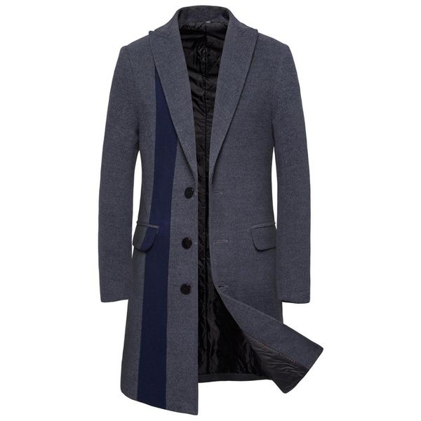 

new arrival men 2019 autumn winter wool trench coat patchwork single breasted long jacket mens fashion clothing casaco masculino, Black