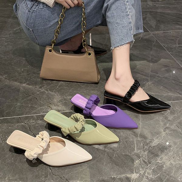 

mules for women 2020 pointed toe med female shoes ladies' slippers slides square heel new cover summer heels, Black