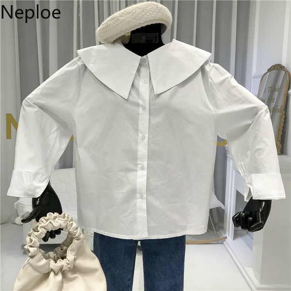 

neploe shirts women spring 2020 solid single breasted peter pan collar ladies blouse casual loose long sleeve female 1a192, White