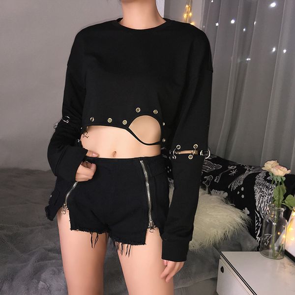 

women punk sweatshirt gothic crop mental ring cool casual o-neck solid full sleeve casual blouse sudadera mujer new, Black
