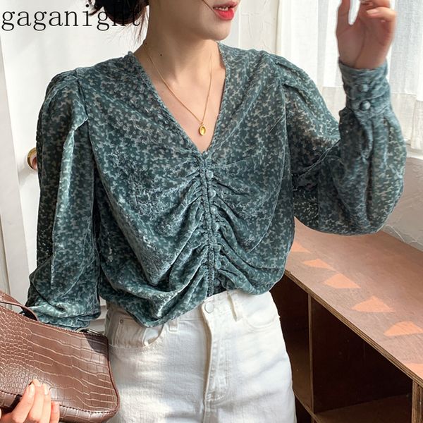 

gaganight цветочные женщины весна кулиской chic блуза с длинным рукавом v шеи дамы офис рубашка casual блузы velvet blusas корейский, White