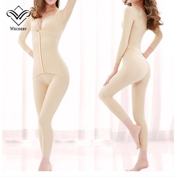 

wechery new body shaper women's slimming full length bodysuit long sleeve faja female shapewear plus size underwear for women, Black;white