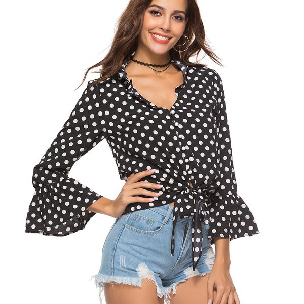 

ruffles polka dot t-shirts women summer lace-up loose fashion female vogue butterfly sleeves button beach tees ladies, White