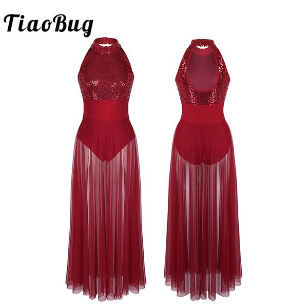

tiaobug women sleeveless halter shiny sequin ballet leotard stage lyrical dance costumes ballet tutu maxi mesh dance dress, Black;red