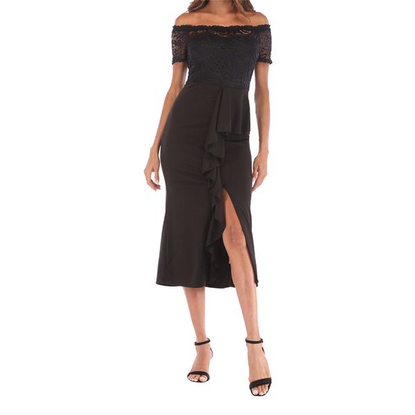 

spring summer split dress women short sleeve hollow out maxi red lace dresses female elegant party black dresses vestidos, Black;gray