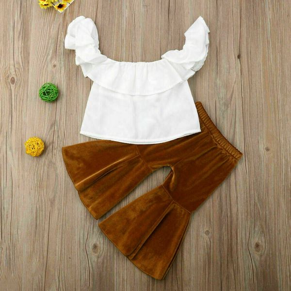 

1-5y summer fashion infant baby girls 2pcs sets short sleeve ruffles off shoulder white t-shirts+velvet flare pants