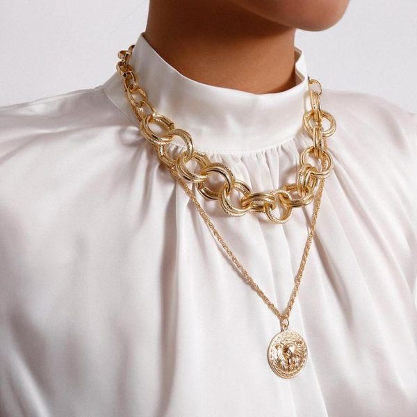 

vintage double ring buckle thick chain choker necklace lion pendant necklace for women men curb cuban miami chunky chain jewelry, Silver