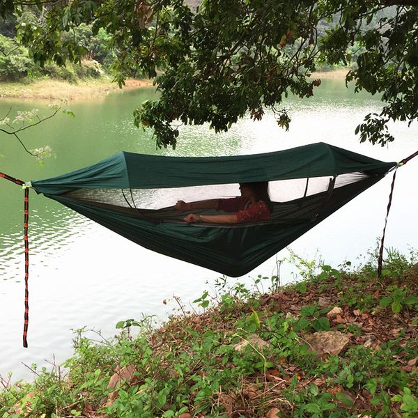 

outdoor camping hammock with quick -up mosquito nets and sunshade portable parachute swing awning canopy rain 1-2 person