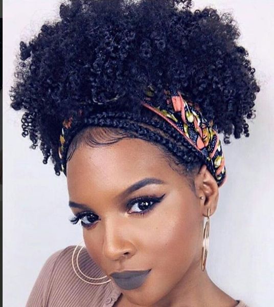 

drawstring afro puff kinky curly ponytail human hair bun chignon hairpiece for doll women updo clip in hair extensions 120g ship, Black