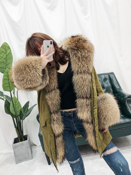 

real big енота меховой воротник утка вниз пальто женщин parka real шуба зимняя куртка женщины съемные сыпучие толстые теплый streetwear, Black
