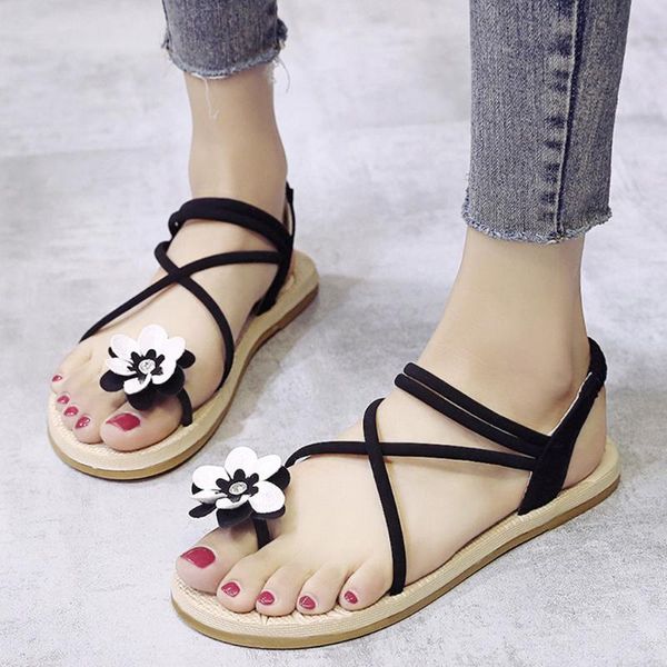 

shoes woman sandals ladies bohemian flower flat peep toe sandals casual shoes botas femininas de inverno#3, Black