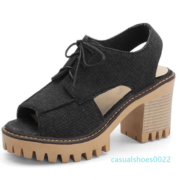 

sarairis high chunky heels sandals new summre fashion denim sandals women comfort lace-up platform shoes woman c22, Black