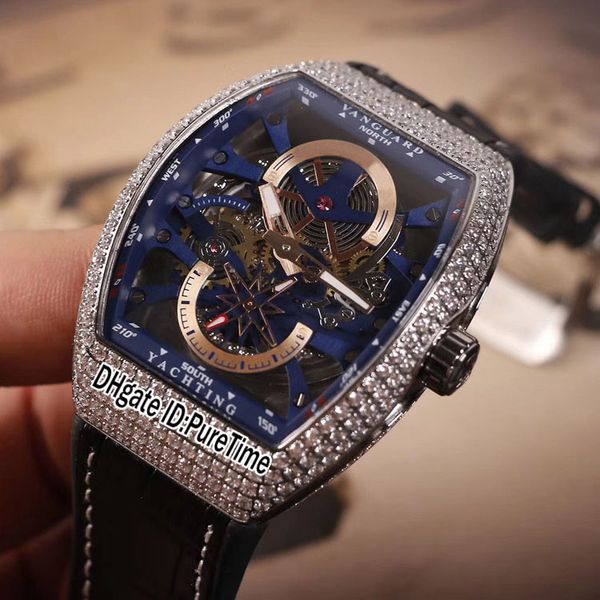 

Новый Saratoge Авангард С6 Яхтинг Случае Наблюдения V45 С6 Стали Финальные Безель / Люнет С Бриллиатами Синий Внутренний Скелет Циферблат Автоматическая Мужские Часы Leaterh Резина E17b2