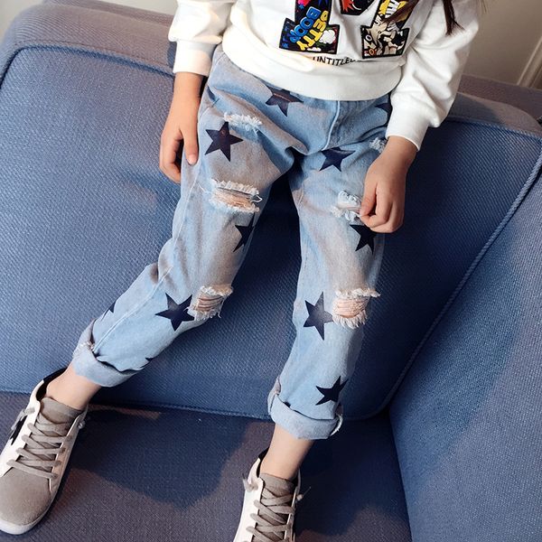 

2019 children's clothing stars holes girls pants spring and autumn children jeans, Blue