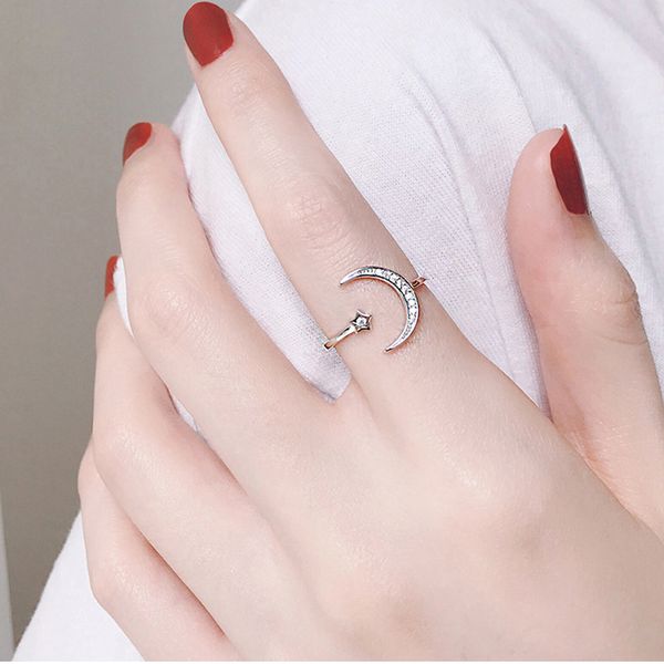 Einfache Zirkon Mond Stern 925 Sterling Silber Ringe für Frauen Mädchen Einstellbare Größe