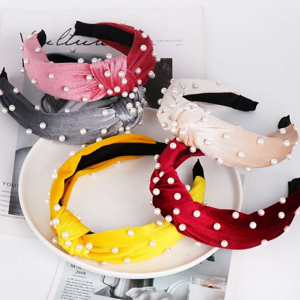 

fashion handmade bohemian solid color velvet center knot wide pearl hairband knotted hairband customized hair accessories 2019, Golden;white