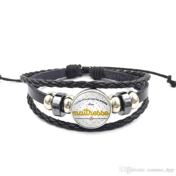 

fashion teacher weave leather wrap bracelet for women french merci matresse letter charm bracelet 2019 teachers' day jewelry gift, Golden;silver