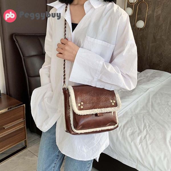 

leather plush splicing color crossbody bags women rivet shoulder handbag hasp mini female shoulder bag handbags dropshipping