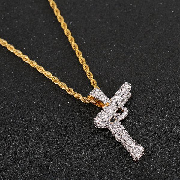 Colar com pingente de pingente hip hop banhado a ouro, prata, cobre, gelo, micropavimentado, arma CZ