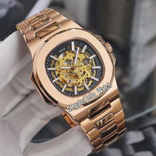 

new nautilus 5711 5711/1 5711/1r-001 black inner gold skeleton dial automatic mens watch rose gold ss bracelet sport watches hello_watch, Slivery;brown