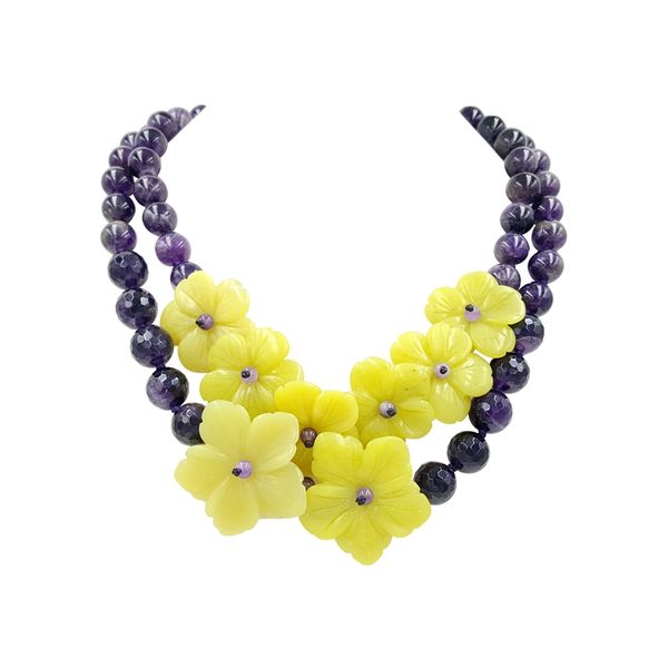 

lii ji natural stone amethyst yellow jade flowers jade ot clasp handmade knitting necklace for women fashion jewelry, Silver