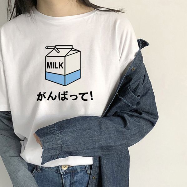 

письмо harajuku эстетическая футболка milk мультфильм печати с коротким рукавом топы тис корейский новый мода повседневная женская одежда, White