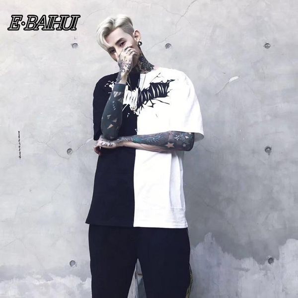 

e-baihui summer fashion patchwork hip hop t shirt black white patchwork short sleeve tees shirts justin bieber t-shirts lp, White;black