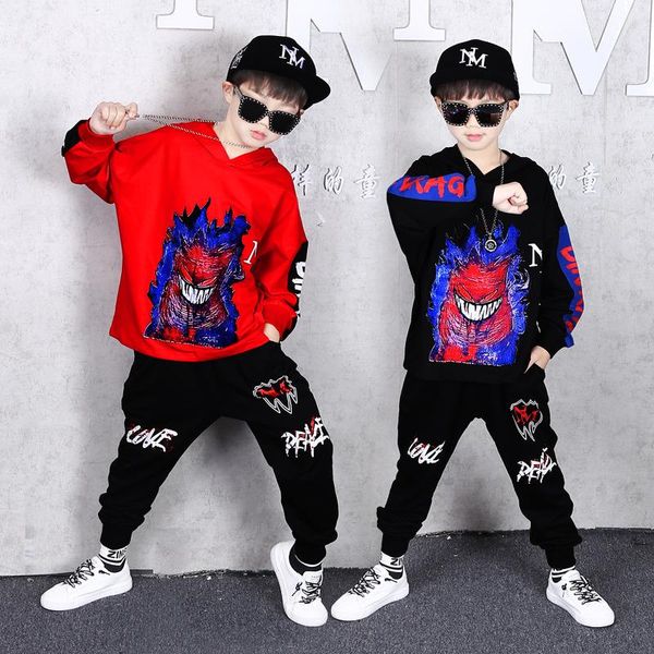 

boys sports clothes suit 5-16 years old spring and autumn sweater long-sleeved hoodie shirt + hip-hop pants casual fashion 2-piece set, White