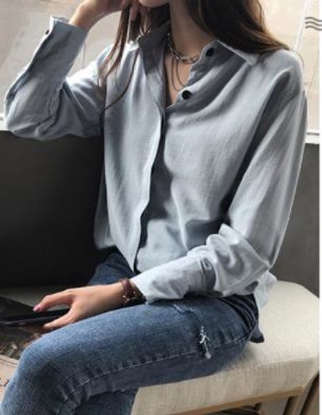 

корейская версия весной и осенью новый hong kong аромат шикарного сплошного цвета рубашки с длинным рукавом женской рыхлый и тонкая, случайн, White