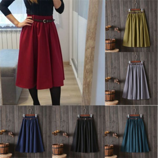 

2019 women retro stretch high waist skirt skater flared pleated swing skirt+belt summer solid a-line sweet skirts, Black