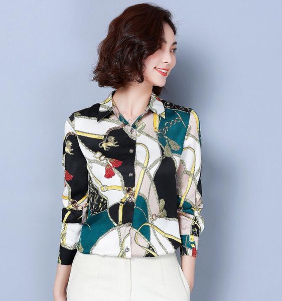 

career style scarf chain print button detail long sleeve blouses ol style shirts spring ladies blouses lapel neck women shirts, White