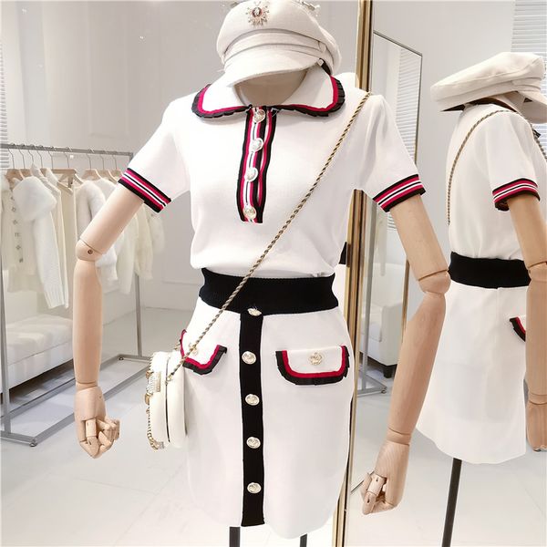 2019 Summer Women Runway Turn-Down Collar Striped Knitted Tops Short Sleeve Sweater + Gold Buttons Mini Pencil Skirt Set