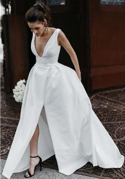 

real ps women's a-line deep v-neck long white satin bridesmaid dresses with slit floor length sleeveless wedding party dresses, White;pink