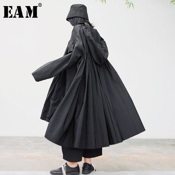 

eam] loose fit black pleated split jointbig size jacket new hooded long sleeve women coat fashion tide spring 2020 1s342, Black;brown