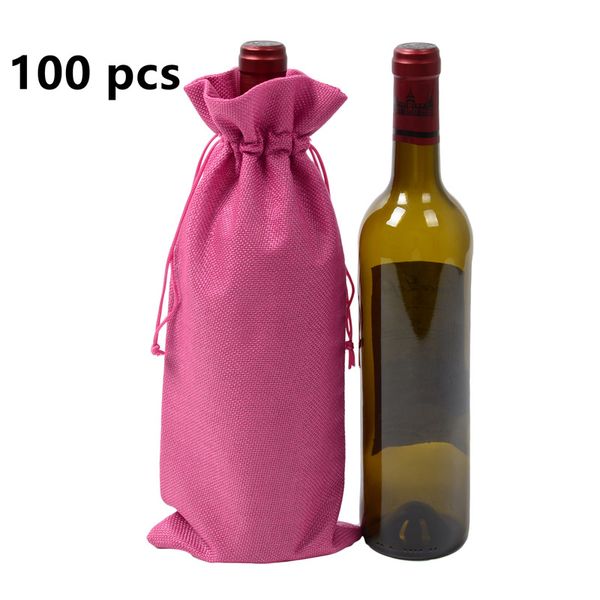 

100pcs jute wine bag red wine bottle cover gift champagne pouch hessian burlap packaging bag wedding party decoration