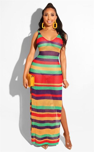 

spaghetti strap hollow out high split beach smog womens knit backless contrast color females rainbow striped dress summer designer, Black;gray